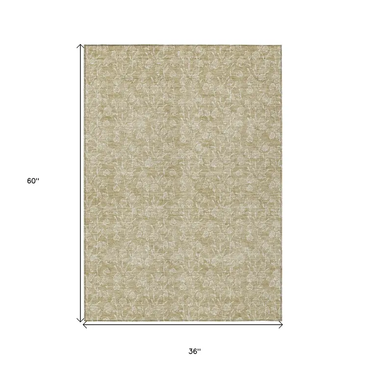 3' X 5' Beige And Ivory Floral Washable Indoor Outdoor Area Rug
