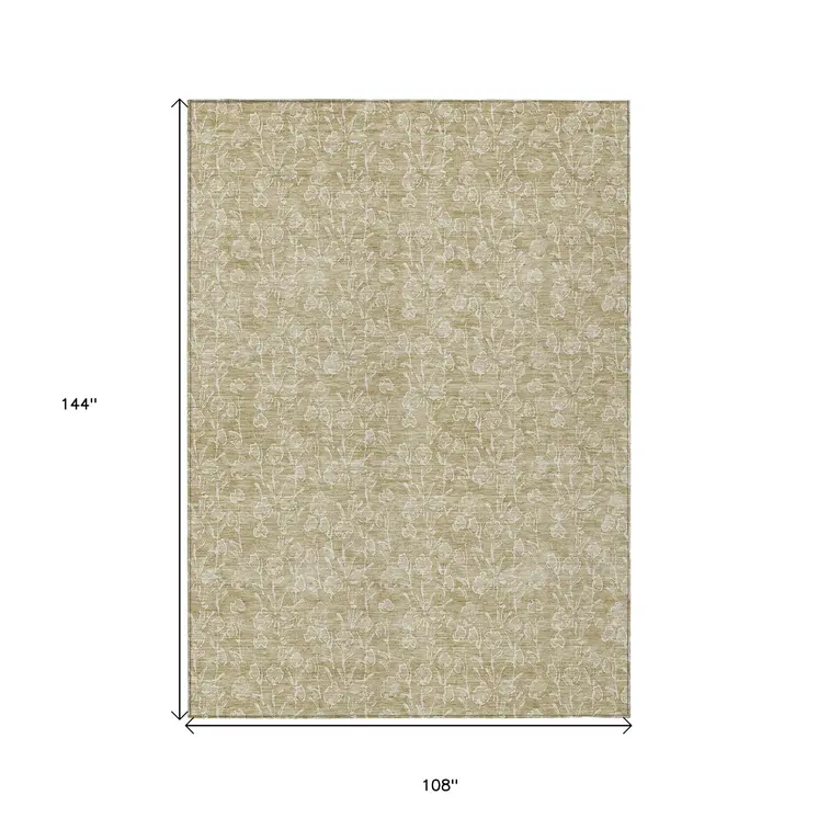 9' X 12' Beige And Ivory Floral Washable Indoor Outdoor Area Rug