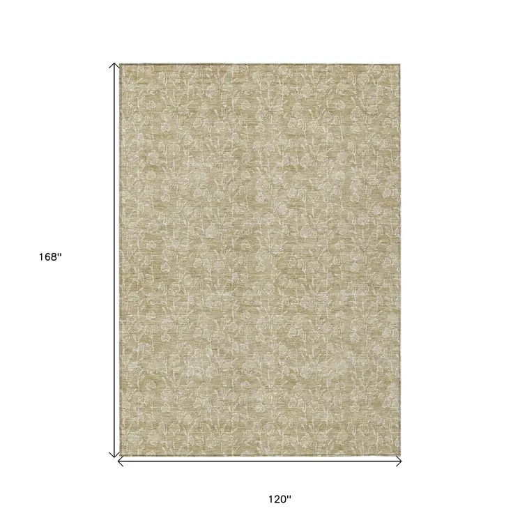10' X 14' Beige And Ivory Floral Washable Indoor Outdoor Area Rug