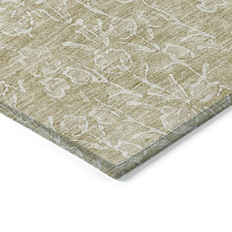 10' X 14' Beige And Ivory Floral Washable Indoor Outdoor Area Rug