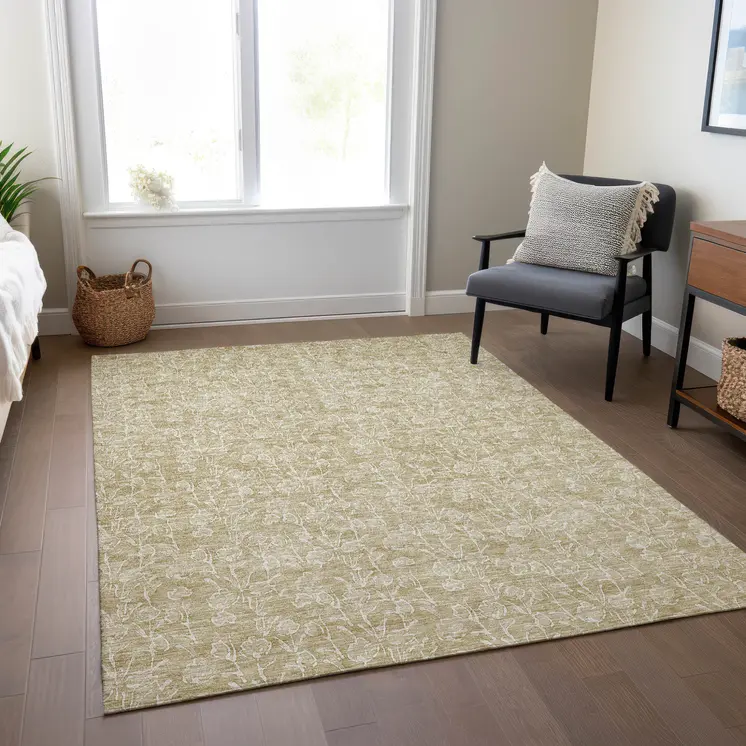 10' X 14' Beige And Ivory Floral Washable Indoor Outdoor Area Rug