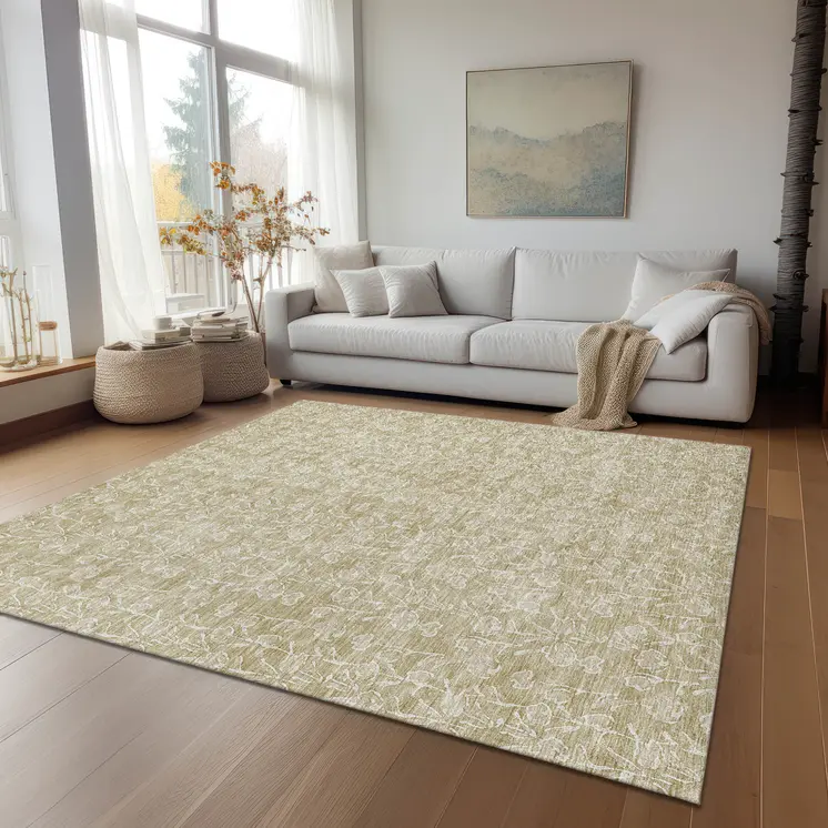 10' X 14' Beige And Ivory Floral Washable Indoor Outdoor Area Rug