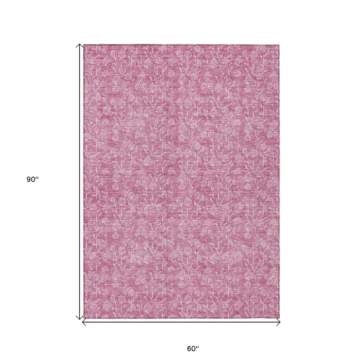 5' X 8' Blush And Ivory Floral Washable Indoor Outdoor Area Rug