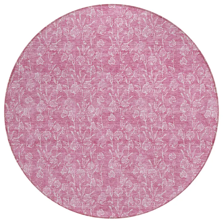 8' Blush And Ivory Round Floral Washable Indoor Outdoor Area Rug