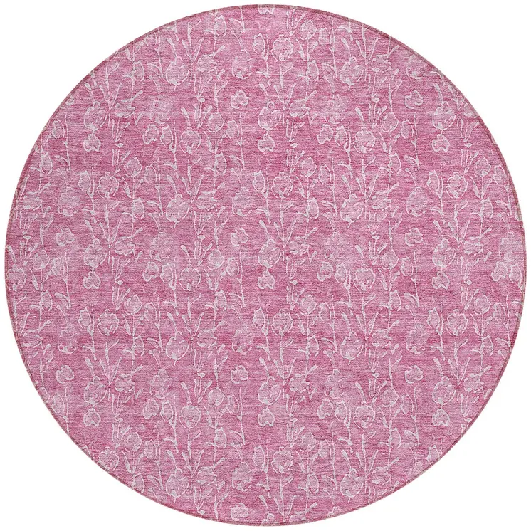 8' Blush And Ivory Round Floral Washable Indoor Outdoor Area Rug