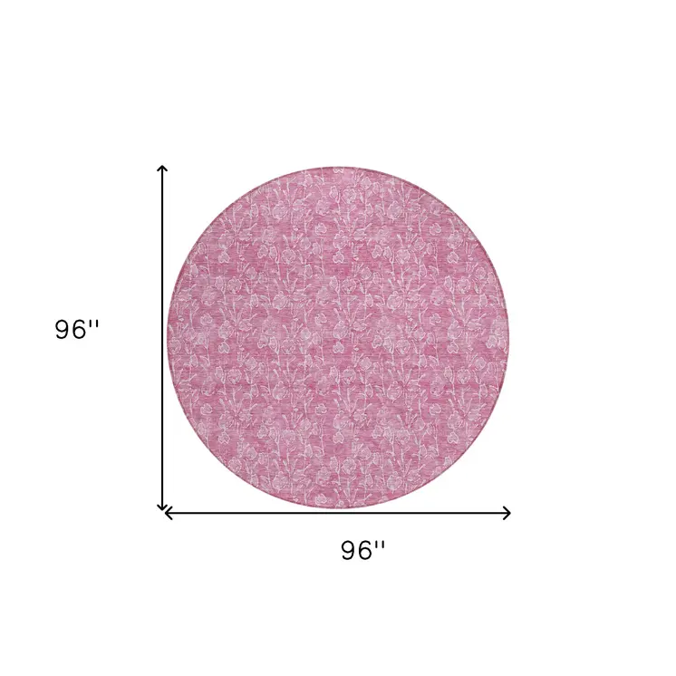 8' Blush And Ivory Round Floral Washable Indoor Outdoor Area Rug