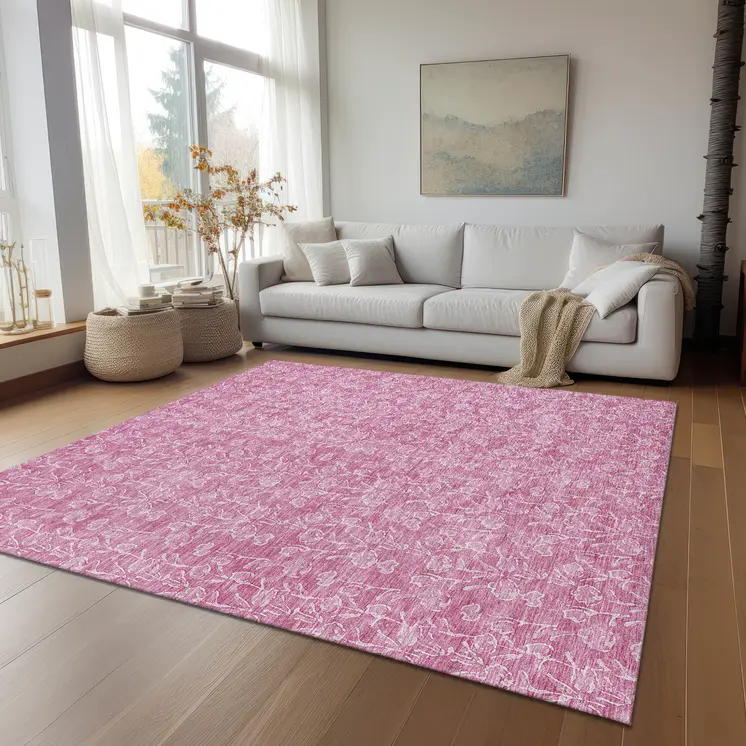 9' X 12' Blush And Ivory Floral Washable Indoor Outdoor Area Rug