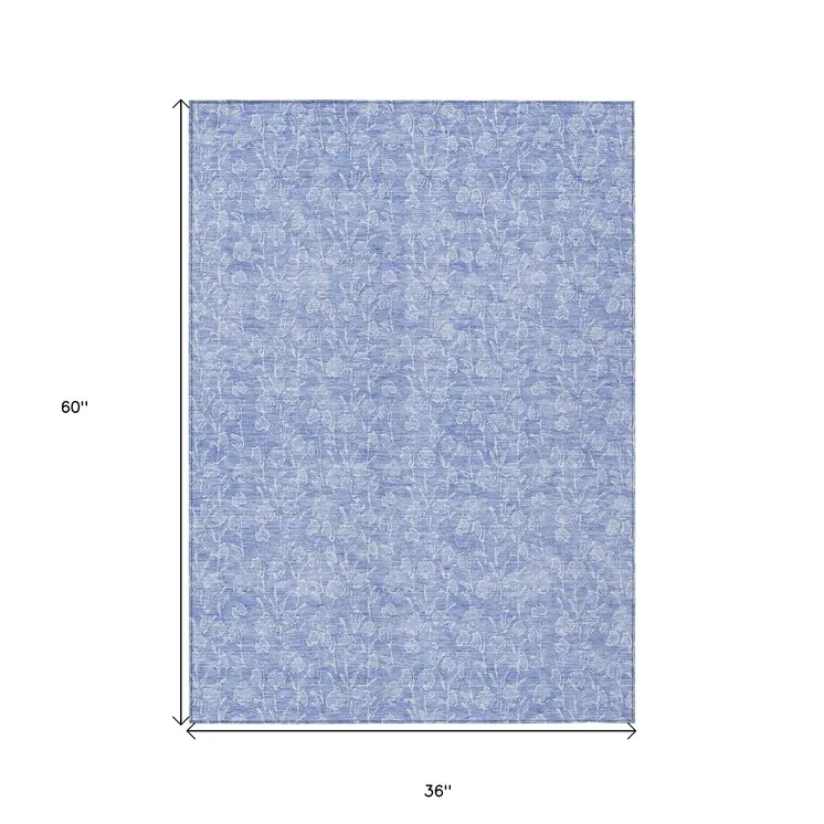 3' X 5' Denim Blue And Ivory Floral Washable Indoor Outdoor Area Rug