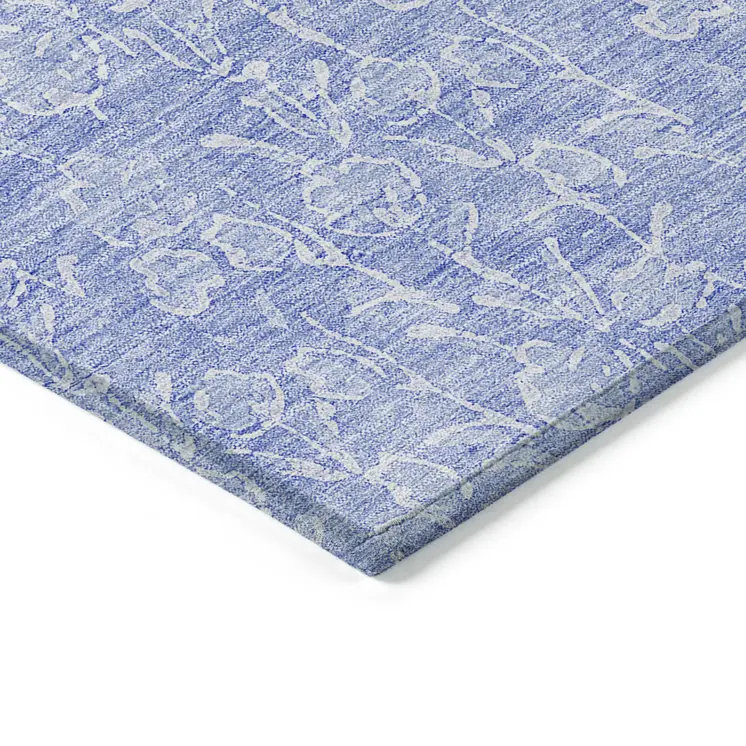 3' X 5' Denim Blue And Ivory Floral Washable Indoor Outdoor Area Rug