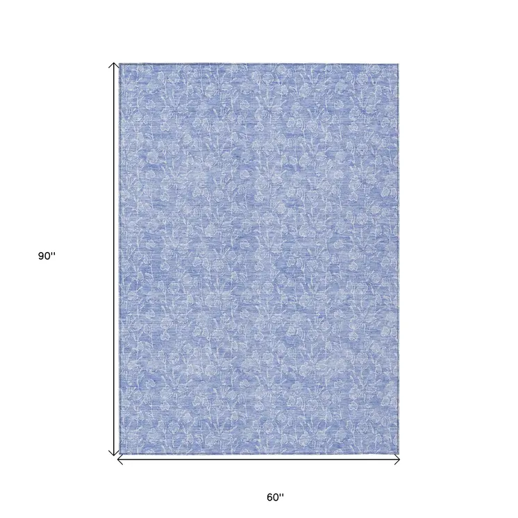 5' X 8' Denim Blue And Ivory Floral Washable Indoor Outdoor Area Rug