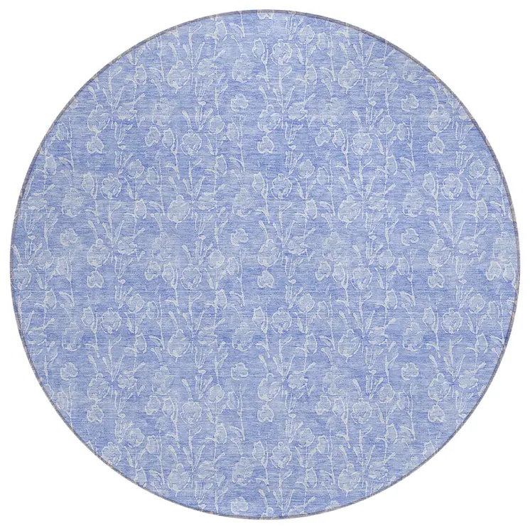 8' Denim Blue And Ivory Round Floral Washable Indoor Outdoor Area Rug