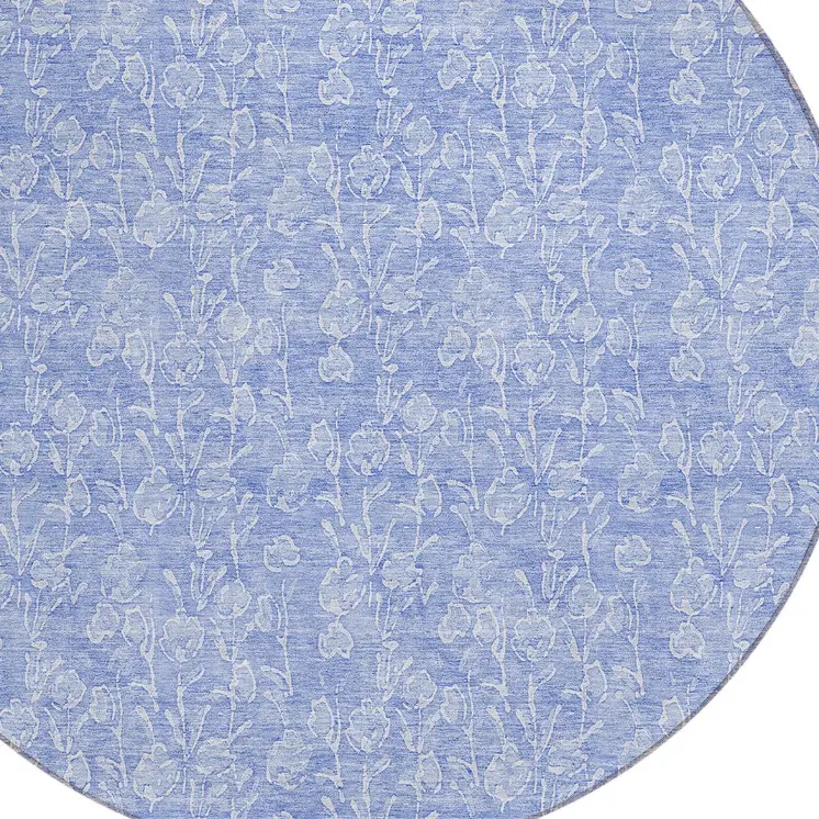 8' Denim Blue And Ivory Round Floral Washable Indoor Outdoor Area Rug