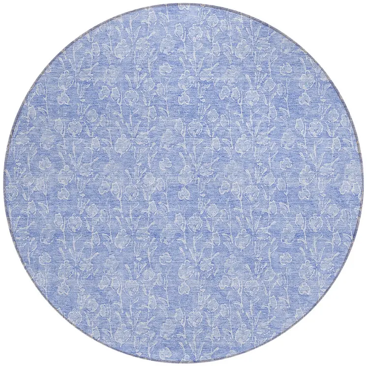 8' Denim Blue And Ivory Round Floral Washable Indoor Outdoor Area Rug