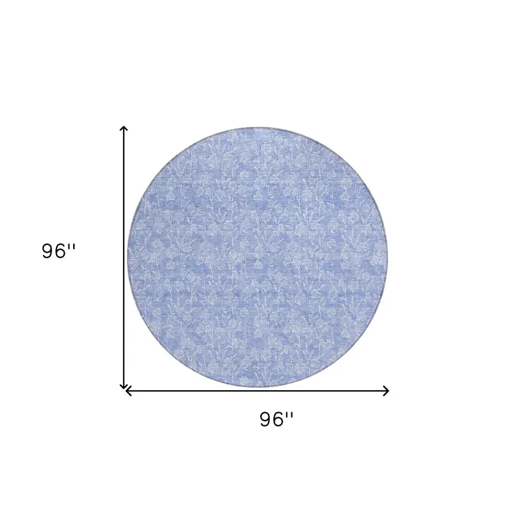 8' Denim Blue And Ivory Round Floral Washable Indoor Outdoor Area Rug