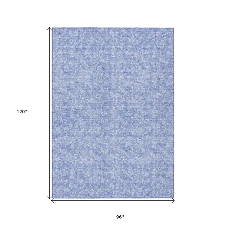 8' X 10' Denim Blue And Ivory Floral Washable Indoor Outdoor Area Rug