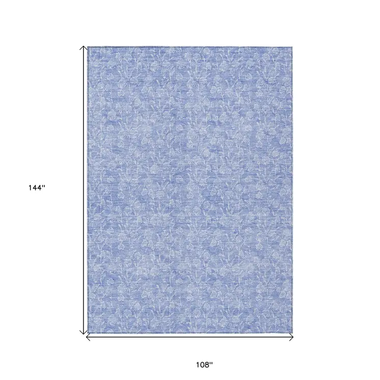 9' X 12' Denim Blue And Ivory Floral Washable Indoor Outdoor Area Rug