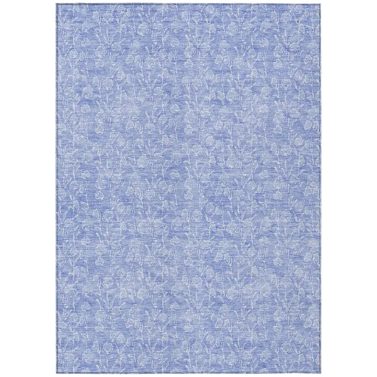 9' X 12' Denim Blue And Ivory Floral Washable Indoor Outdoor Area Rug