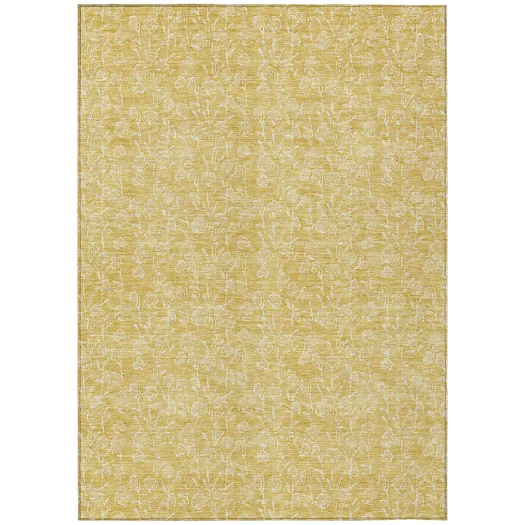 3' X 5' Gold And Ivory Floral Washable Indoor Outdoor Area Rug