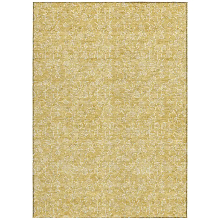 5' X 8' Gold And Ivory Floral Washable Indoor Outdoor Area Rug