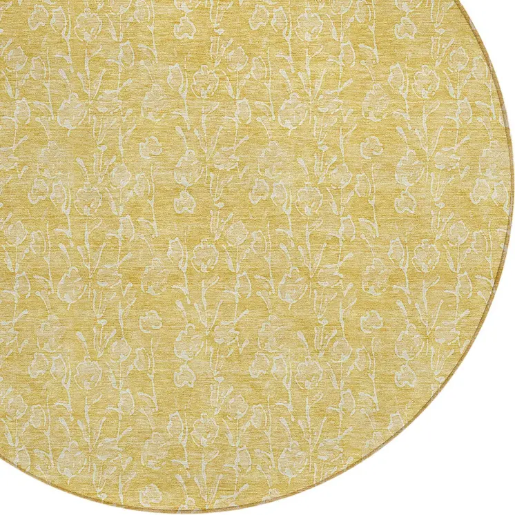 8' Gold And Ivory Round Floral Washable Indoor Outdoor Area Rug