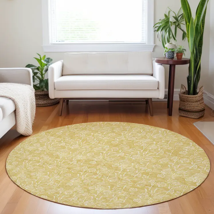 8' Gold And Ivory Round Floral Washable Indoor Outdoor Area Rug