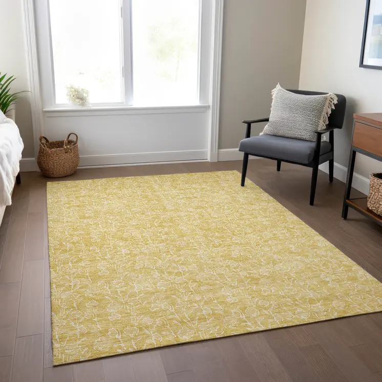 8' X 10' Gold And Ivory Floral Washable Indoor Outdoor Area Rug