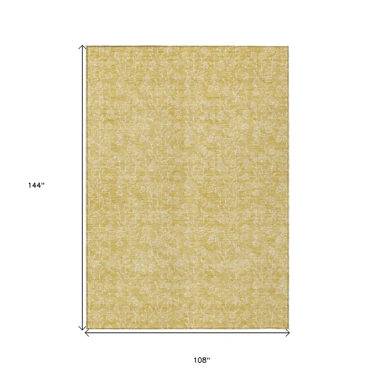 9' X 12' Gold And Ivory Floral Washable Indoor Outdoor Area Rug