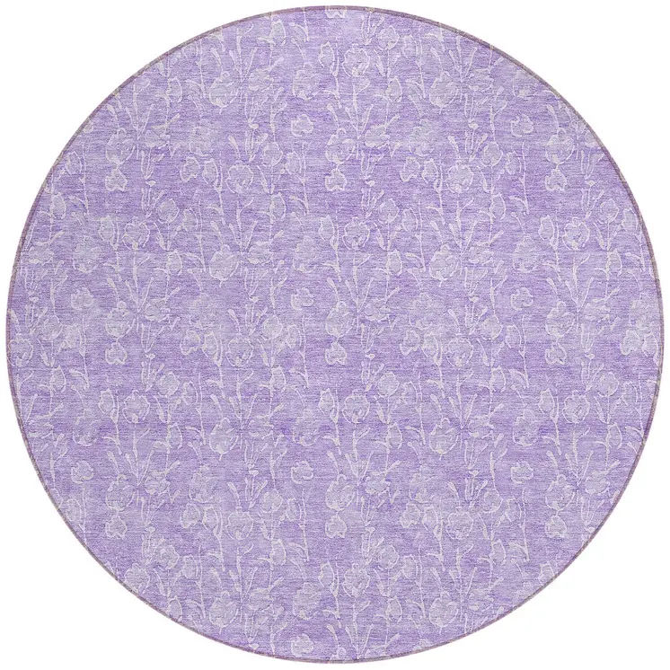 8' Lilac And Ivory Round Floral Washable Indoor Outdoor Area Rug