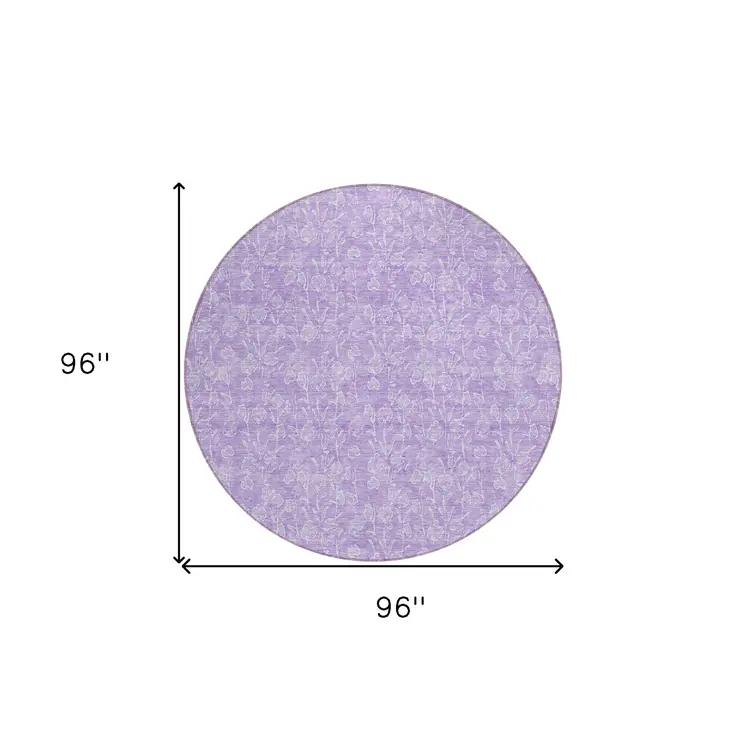 8' Lilac And Ivory Round Floral Washable Indoor Outdoor Area Rug