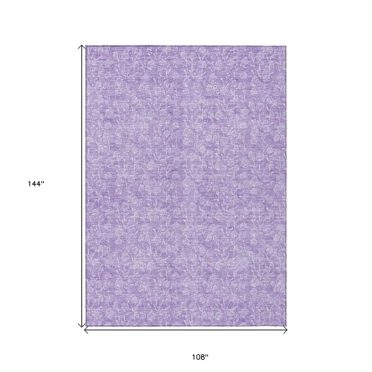 9' X 12' Lilac And Ivory Floral Washable Indoor Outdoor Area Rug