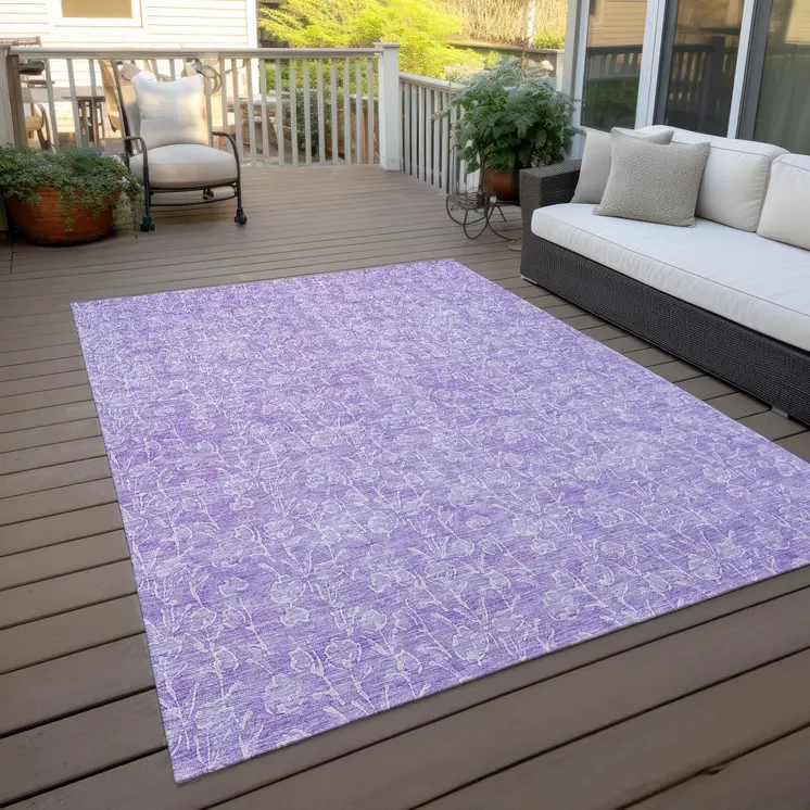 9' X 12' Lilac And Ivory Floral Washable Indoor Outdoor Area Rug
