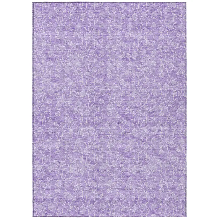 9' X 12' Lilac And Ivory Floral Washable Indoor Outdoor Area Rug