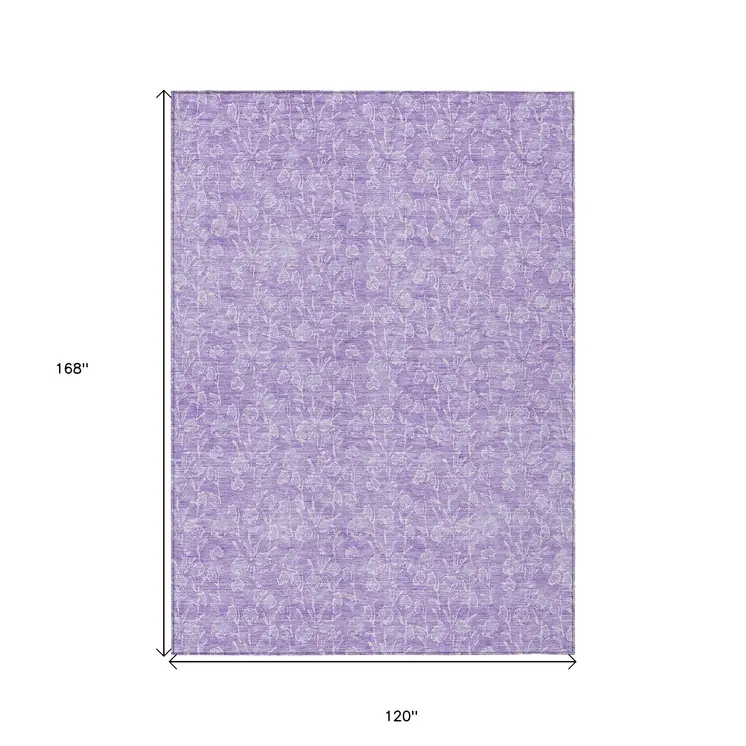 10' X 14' Lilac And Ivory Floral Washable Indoor Outdoor Area Rug