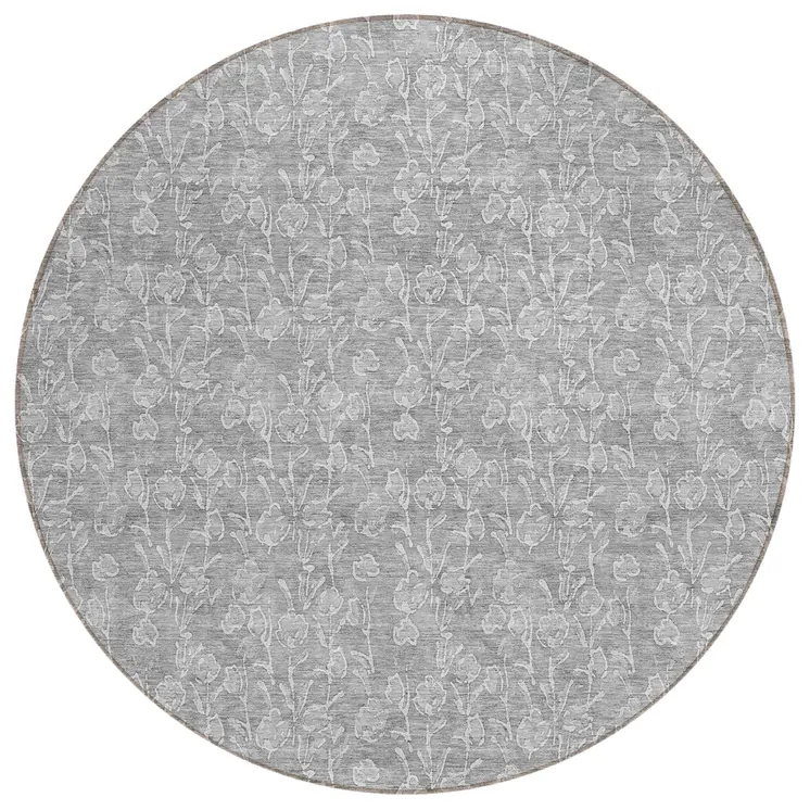 8' Silver And Ivory Round Floral Washable Indoor Outdoor Area Rug