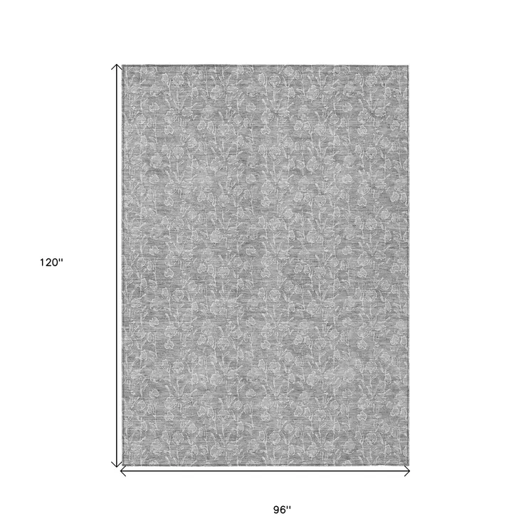 8' X 10' Silver And Ivory Floral Washable Indoor Outdoor Area Rug