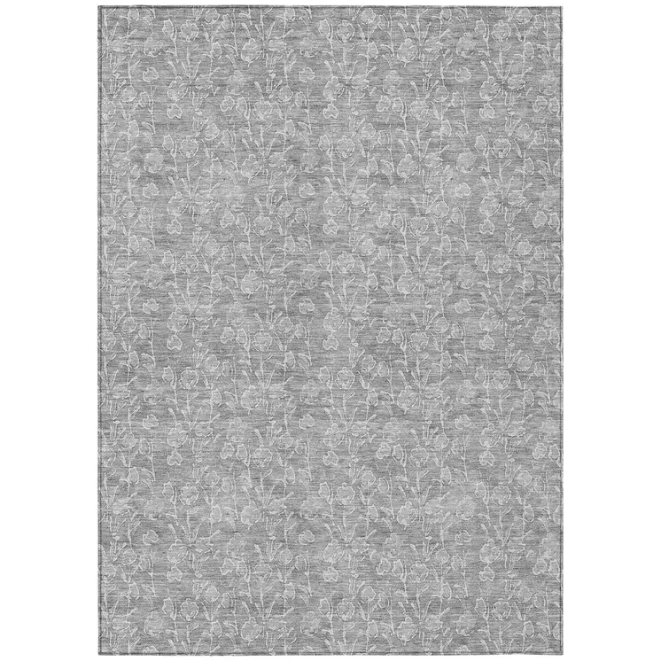 8' X 10' Silver And Ivory Floral Washable Indoor Outdoor Area Rug
