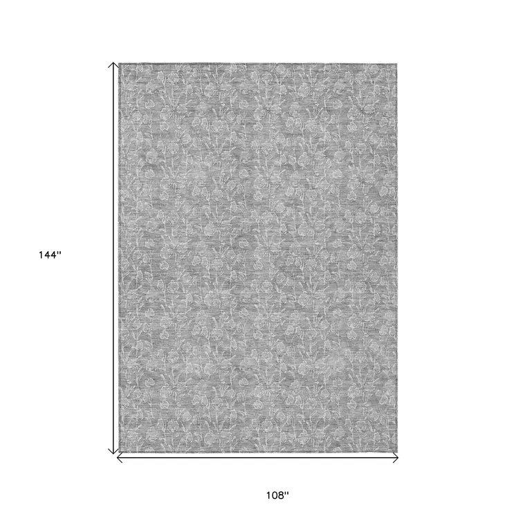 9' X 12' Silver And Ivory Floral Washable Indoor Outdoor Area Rug