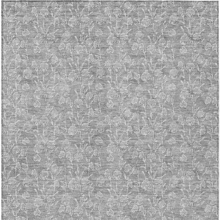 9' X 12' Silver And Ivory Floral Washable Indoor Outdoor Area Rug