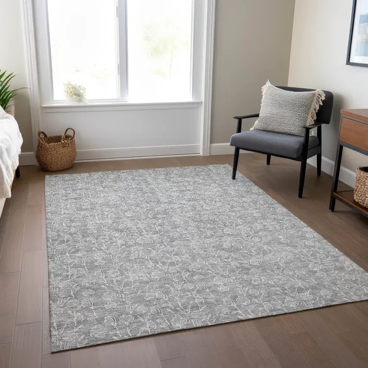 9' X 12' Silver And Ivory Floral Washable Indoor Outdoor Area Rug