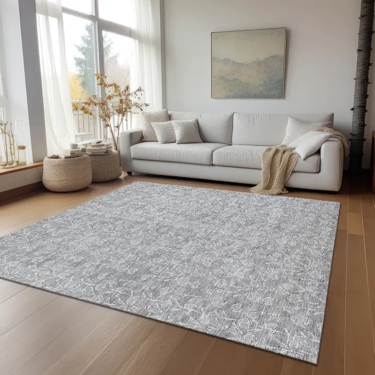 9' X 12' Silver And Ivory Floral Washable Indoor Outdoor Area Rug