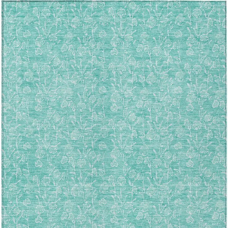 8' X 10' Teal Blue And Ivory Floral Washable Indoor Outdoor Area Rug