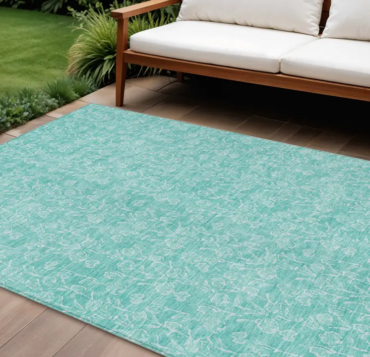 8' X 10' Teal Blue And Ivory Floral Washable Indoor Outdoor Area Rug