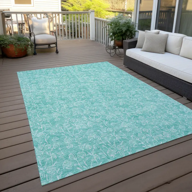 8' X 10' Teal Blue And Ivory Floral Washable Indoor Outdoor Area Rug