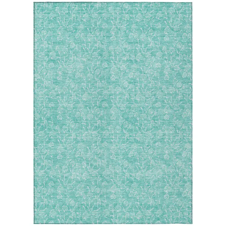 8' X 10' Teal Blue And Ivory Floral Washable Indoor Outdoor Area Rug