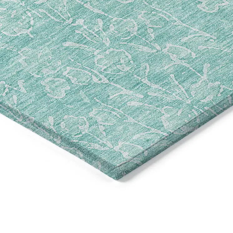 8' X 10' Teal Blue And Ivory Floral Washable Indoor Outdoor Area Rug