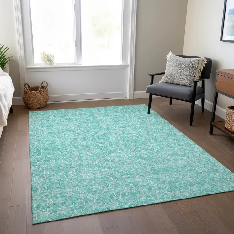 8' X 10' Teal Blue And Ivory Floral Washable Indoor Outdoor Area Rug