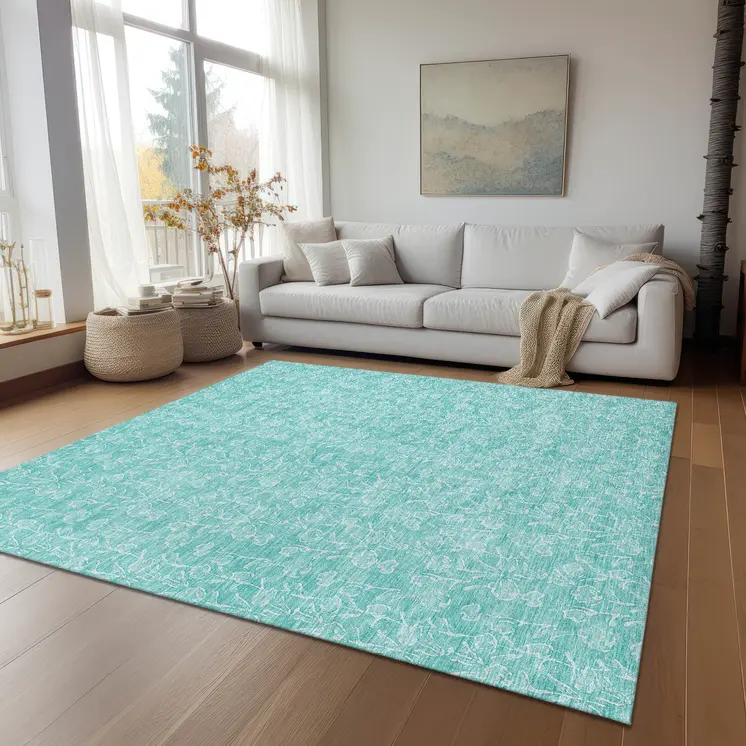 8' X 10' Teal Blue And Ivory Floral Washable Indoor Outdoor Area Rug