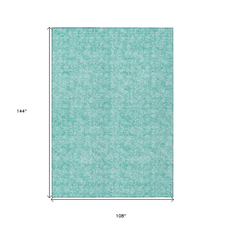 9' X 12' Teal Blue And Ivory Floral Washable Indoor Outdoor Area Rug