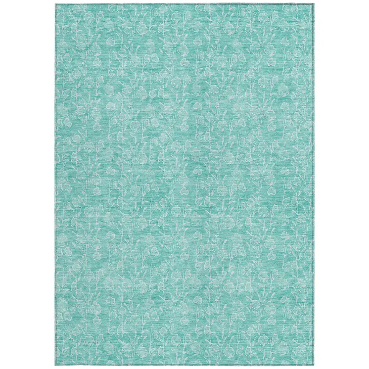 10' X 14' Teal Blue And Ivory Floral Washable Indoor Outdoor Area Rug