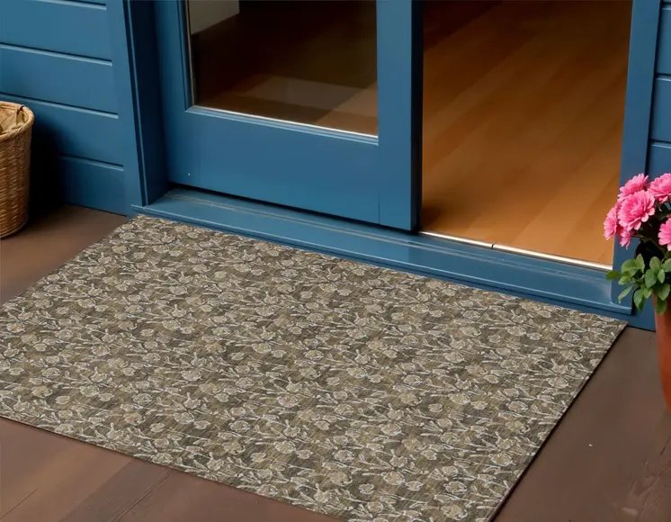 3' X 5' Brown And Ivory Floral Washable Indoor Outdoor Area Rug
